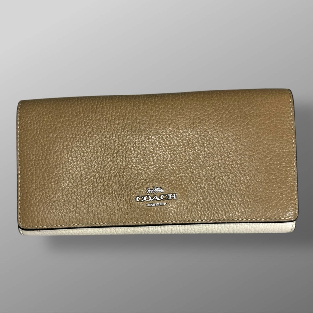 Coach Slim Trifold Wallet Sandy Beige Chalk Colorblock Pebble Leather
